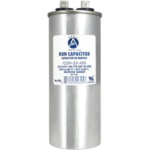 Appli Parts Run Capacitor for ac 55 Mfd uF (microfarads) 370 VAC or 450 VAC CBB65 Round Universal fit for hvac and other applications 5-1/4 in High 1-7/8 in Wide CON-55-450