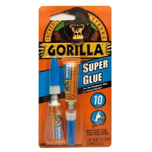 Gorilla Super Glue 0.8 oz. Clear Sandable Plastic Glue/Epoxy, Anti-Clog Cap, Impact Tough Glue, Fast Setting Super Glue, Multi-Surface Adhesive, No Clamp Glue, Dries Clear, Cyanoacrylate Glue, Reusable Glue.