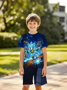 Boys' 3D Electric Hedgehog Warrior Short Sleeve Set, Futuristic Design, Futuristic Theme, Versatile Wear, Quality Craftsmanship, Perfect for Holidays and Birthdays, Holiday Ready, Unique Gift Idea