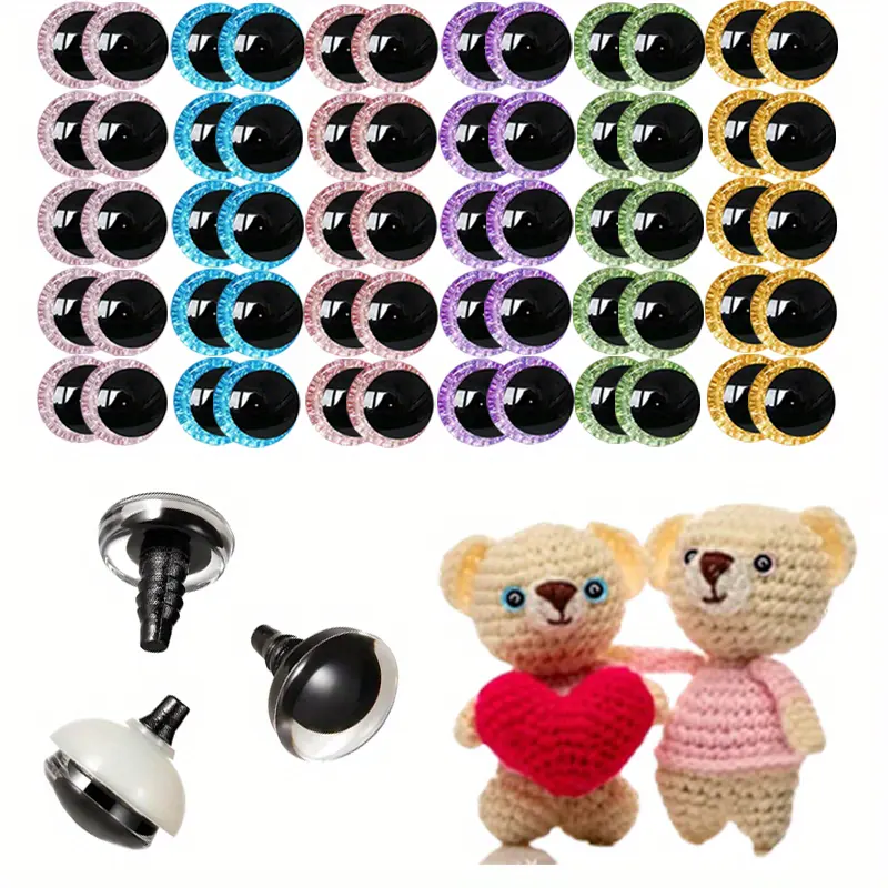 60pcs 18mm Durable 3D Glitter Plastic Safety Eyes with Washers - Colorful Crescent Shaped Craft Eyes for Crochet Dolls, Bears - Christmas Decorations & Sewing Supplies for DIY Projects