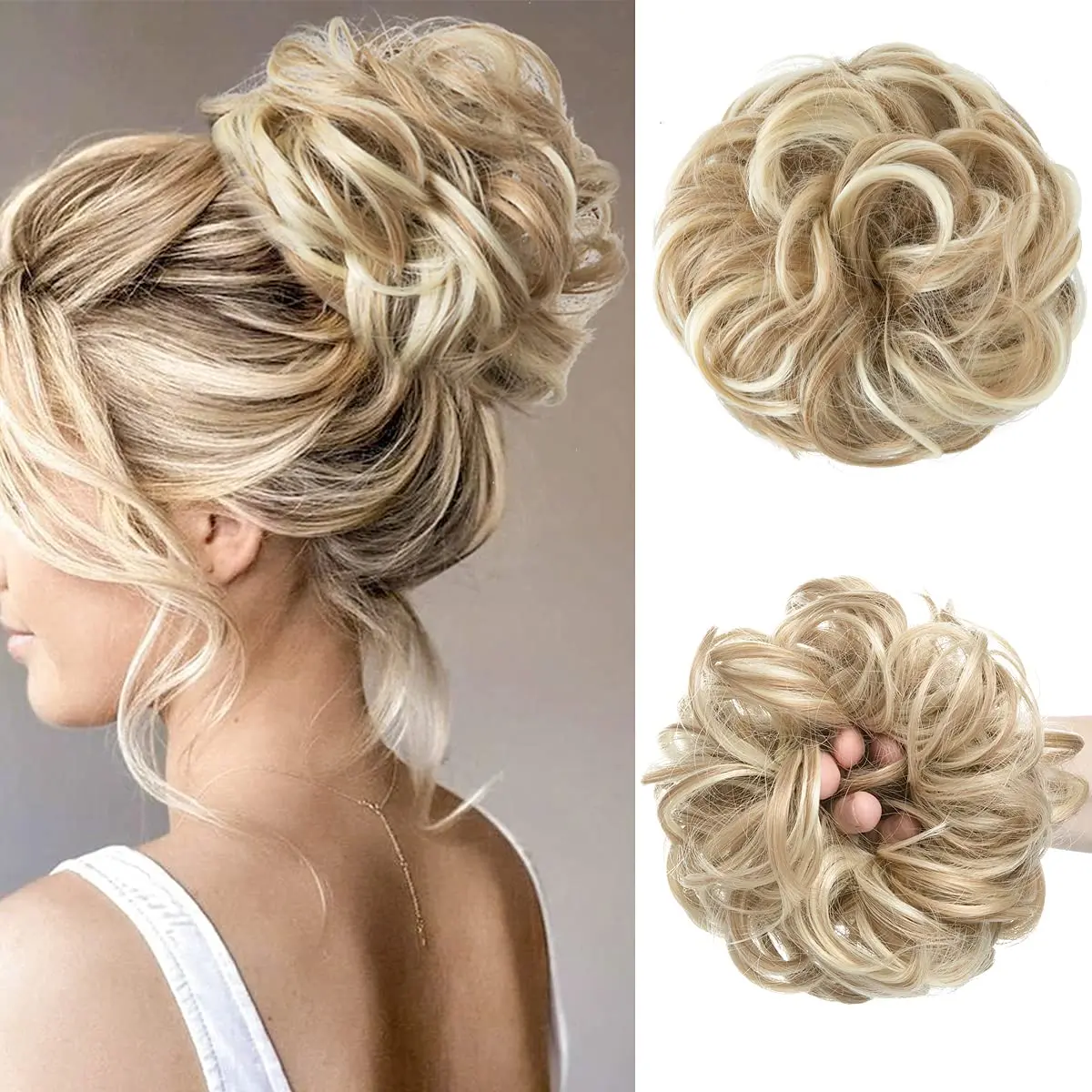Large Messy Bun Hair Piece 100% Human Hair Layered Wavy Curly Updo Juikoumn Dark Brown Messy Bun Hair Piece 100% Human Hair  main image 3