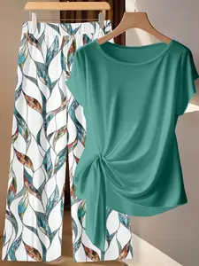 2 Piece Set Spring Summer Women Casual Matching Outfit, Solid Color Knot Waist Short Sleeve Tops & Elastic Waist Leaf Printed Loose Straight Wide Leg Pants Set, Soft Smooth Silky Loungewear, Daily Office Vacation Country Beach Going Out, Womenswear