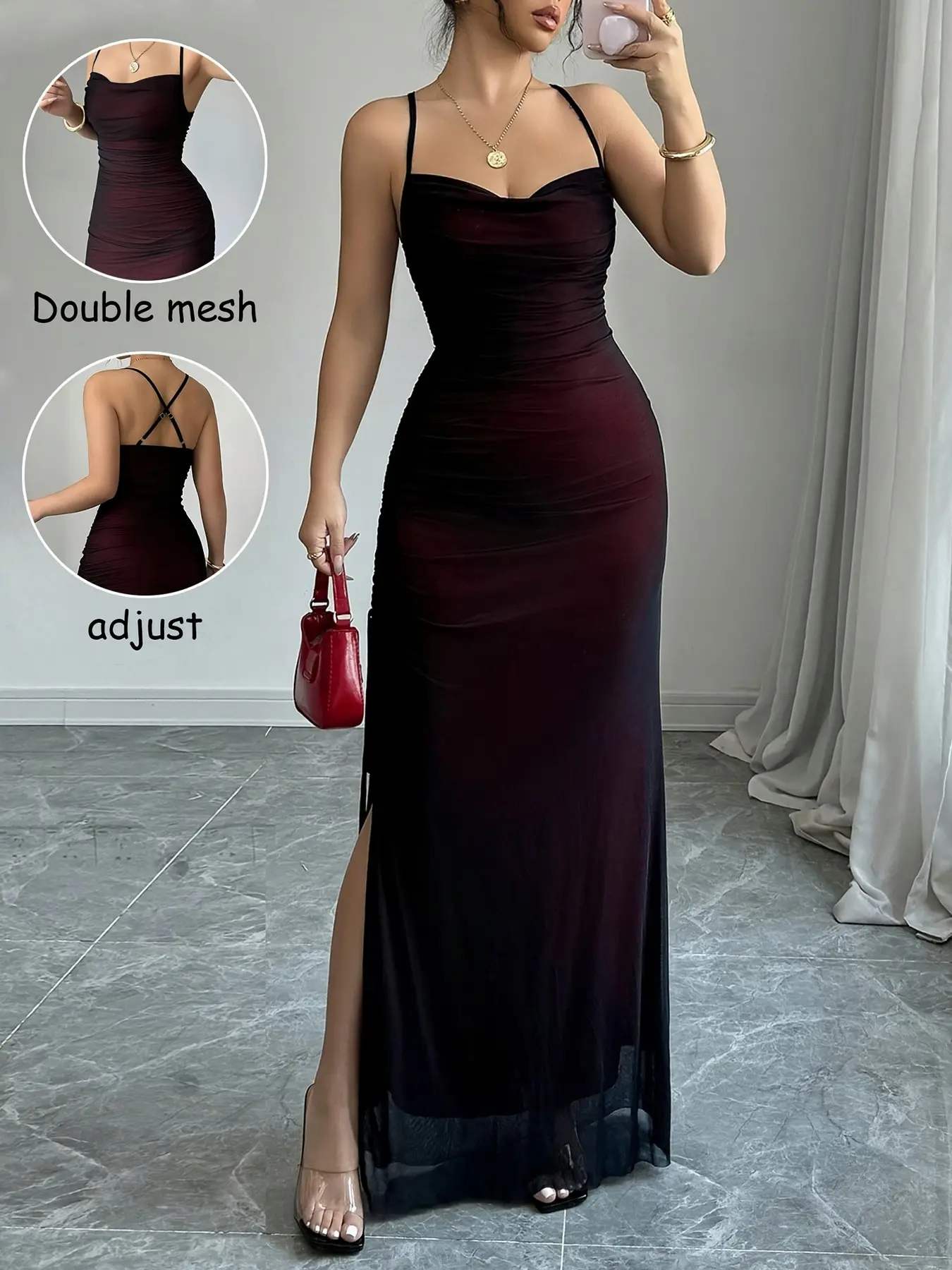Women's Pleated Mesh Lightweight Long Dress, Spaghetti Strap Drop Shoulder Cross Back Split Design, Bodycon A-Line Style, Casual Fit Summer Fashion