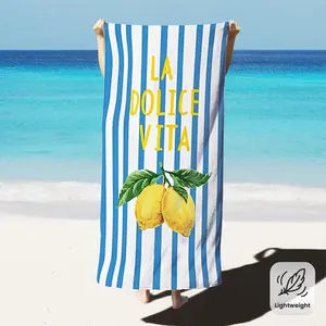 []Jumbo Extra-Thick Microfiber Beach Towel – Soft, Lightweight, And Easy to Carry, Highly Absorbent, Sand-Free, Blue And White Stripes with Lemon Design, Suitable for Travel, Picnics, Beach, Camping, Modern Bathroom, Hot Springs, Swimming