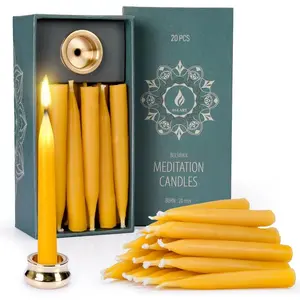 20 Minute Pure Beeswax Dripless Meditation Mini Taper Candles Set of 20 with Brass Candle Holders