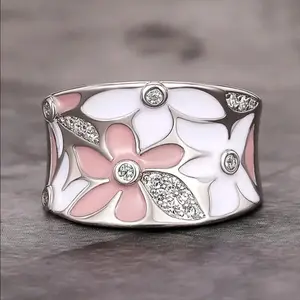 Pink Flower Wide Ring for Women, Chic Boho Statement Band Ring, Trendy Floral Fashion Jewelry, Cute Y2K Aesthetic Finger Ring, Daily Wear Accessory for Party Vacation Gift