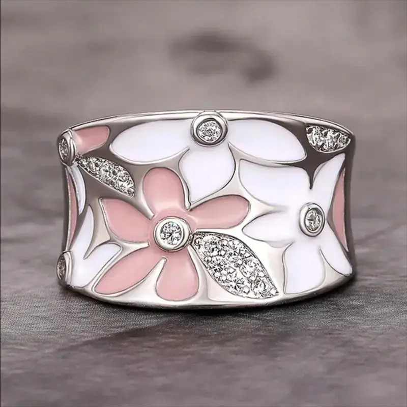 Pink Flower Wide Ring for Women, Chic Boho Statement Band Ring, Trendy Floral Fashion Jewelry, Cute Y2K Aesthetic Finger Ring, Daily Wear Accessory for Party Vacation Gift