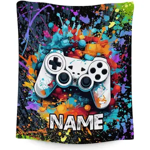Custom name Boys Gaming Blanket, 40x50 Inches Cool Gamer Throw Blanket Gifts for Kids Teens Game Lovers, Personalized Colorful Soft Fuzzy Blankets for Couch Sofa Bed