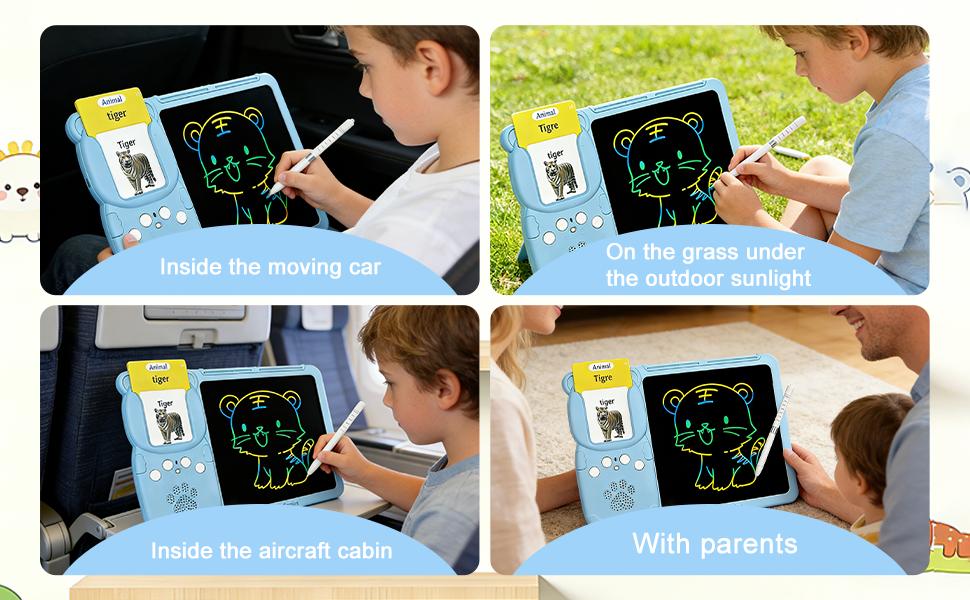 KIDGENIUS LCD Writing Tablet for Kids Ages 3-7 with 255 Flashcards 510 Words Interactive Educational Learning Pad with Sound English Spanish Vocabulary Cards Outdoorfun Feature Animal Themes Ideal Birthday Gift