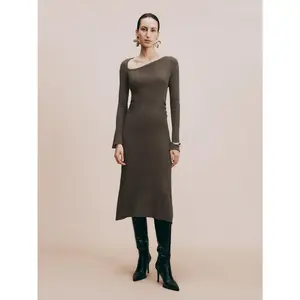 URBAN REVIVO Lady's 2026 Spring New Arrival Casual Long-Sleeve Knitted Midi Dress - Asymmetric Neck, Skinny Fit, Acrylic-Polyester Blend, Medium Stretch, Shoulder Casual Dresses Clothes, UWG940270