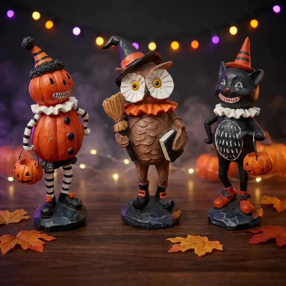 Vintage Halloween Figurine, Spooky Pumpkin Head Owl and Black Cat in Clown Costumes, Retro Resin Tabletop Decor for Mantel Tiered Tray Shelf Sitter Home Party Decoration, Halloween Decor, Spooky Decor, Pumpkin Ghost, Halloween Gift, Witchy Home Decor