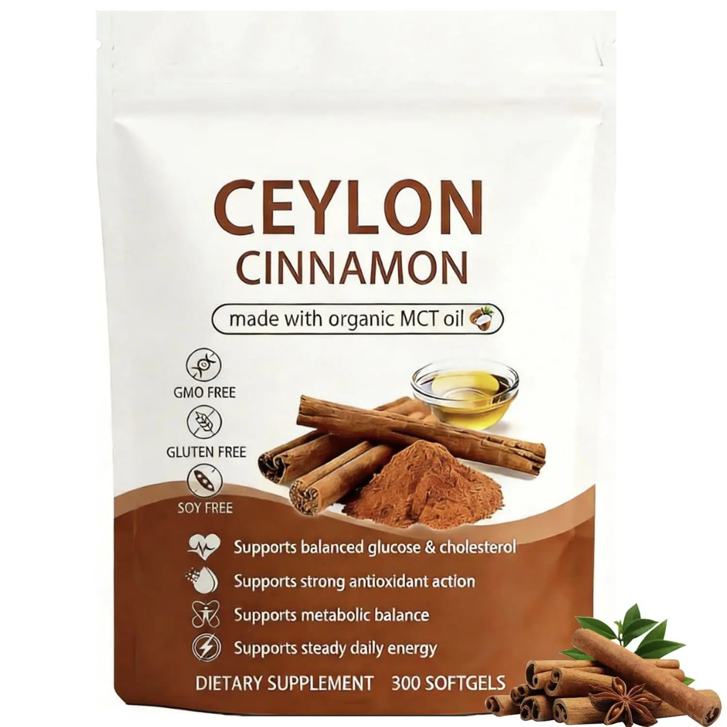 Authentic Ceylon Cinnamon Softgel Capsules, 300 Count with Organic MCT Oil - GMO-Free Ultra-Potency Concentrated Extract for Metabolic Balance & Glucose Support