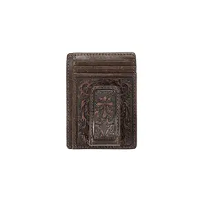 Men’s Money Clip Wallet – Medium Brown Scroll Embossed Leather
