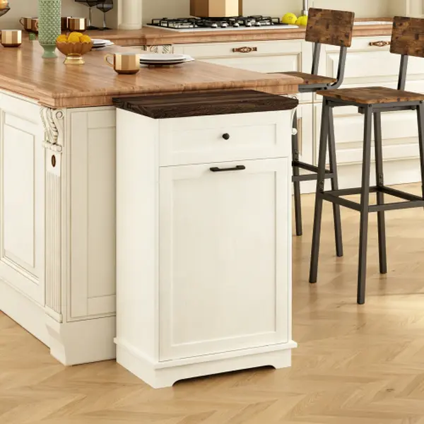 10 Gal Antique White Particle Board Freestanding Tilt-Out Trash Cabinet - Pet-Proof Holder with Drawer, 21.7x13.4x36.2in, for Kitchen, Laundry Room