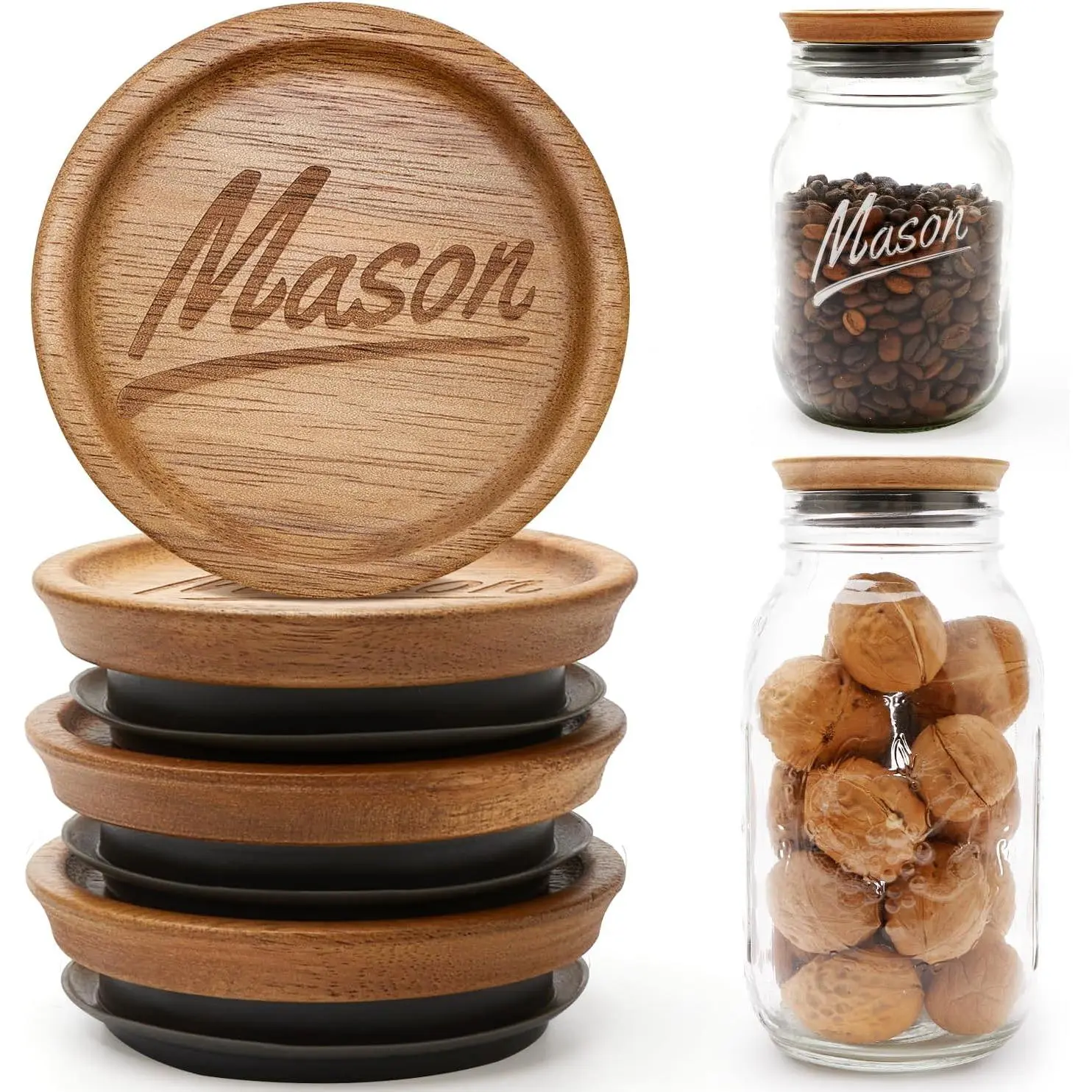 4 Pack Wooden Regular Mouth Mason Jar Lids Canning Supplies Small Mouth Mason Jars Tops Accessories Glass Jars with  Can Lid for Jar Cover Rings Decorative    Canning Lids