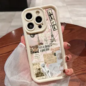 Vintage Phone Case Eiffel Tower Collage Pattern Case for iPhone 16 15 14 Pro Max 13 12 11 XR XS Plus Shockproof Non Slip Military-Grade Protection Silicone Cover
