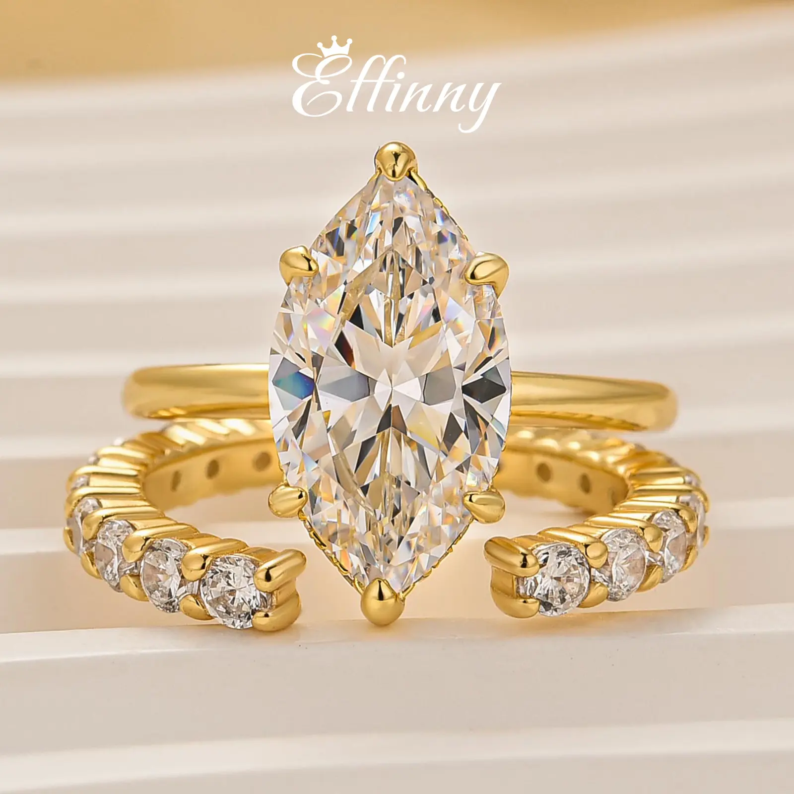 Effinny Jewelry 3.5ct Marquise Cut 2PC Golden Wedding Ring set with Open Wedding Band, 925 Sterling Silver Promise Ring, 5A Cubic Zirconia Bridal Ring for Daily, Wedding, Party, Marquise Engagement Ring, Vintage Rings Jewelry