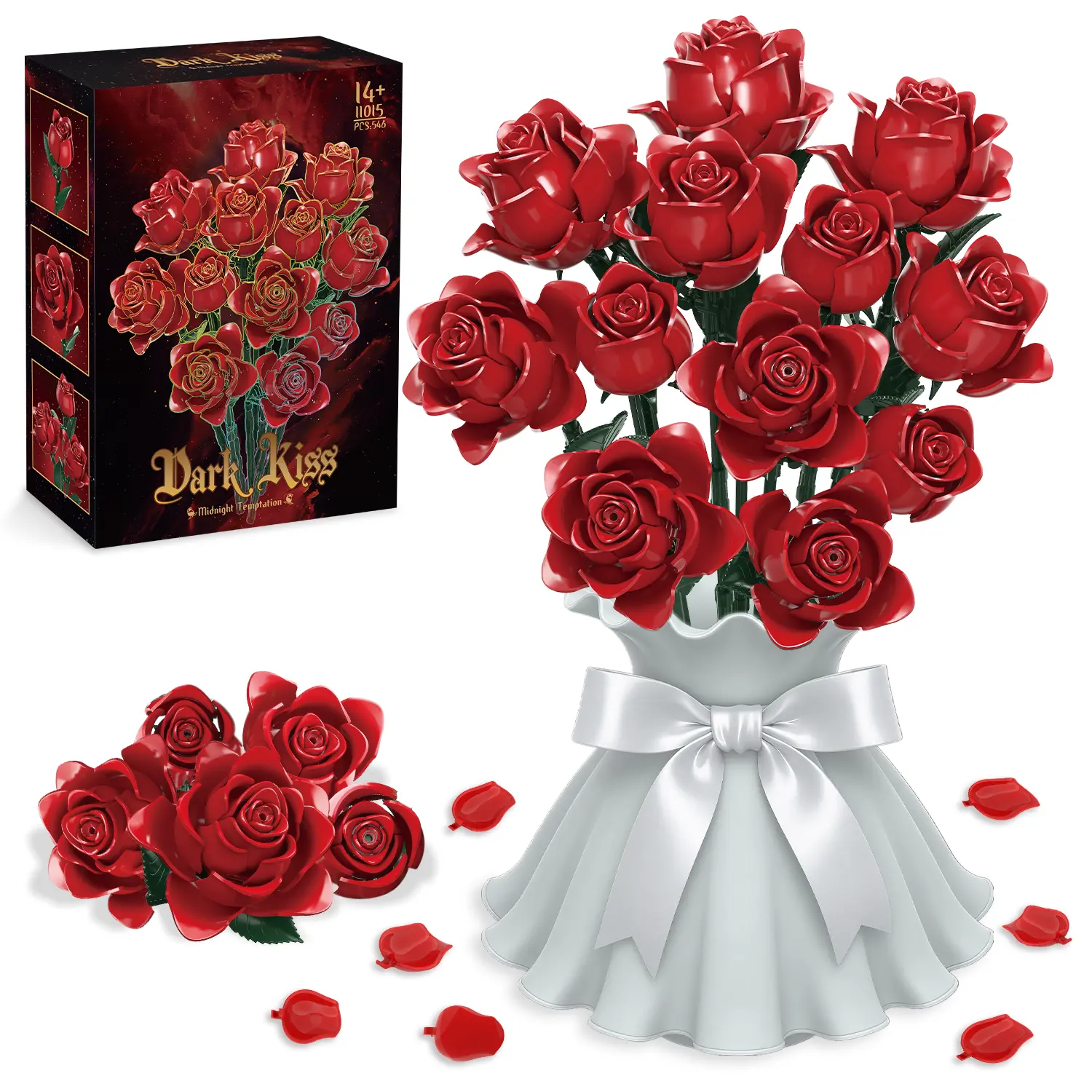 546 Pieces ABS Flower Design Floral Building Blocks Set - Non-Fading Elegant Red Artificial Silk Roses DIY Kit, Romantic Desk Ornament, House Decoration Gift for Her (Valentine’s Day, Mother’s Day)