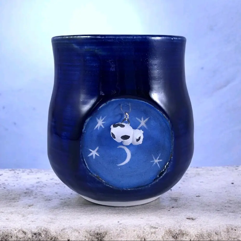 Handmade Ceramic Cup with Cow Dangling Jumping Over the Moon Design Unique Artisan Crafted tea cup
