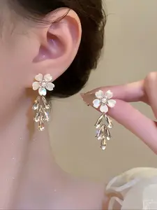French Elegant Luxury Floral Drop Earrings, Rhinestone Inlaid Unique Design, Perfect for Women's Daily Wear, Formal Events, Parties, Weddings, Festivals