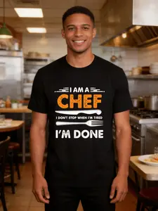 Men's Funny Chef Saying T-Shirt - "I Am A Chef I Don't Stop When I'm Tired I'm Done" Heavyweight Culinary Apparel - Black Crew Neck Short Sleeve Shirt for Chefs Kitchen Staff & Foodies Gift