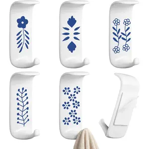 5 Pcs Boho Decorative Adhesive Ceramic Hooks No Nail Damage Heavy Duty Wall Hangers for Key Shower Towel Kitchen Bathroom Chinoiserie Wall Decor