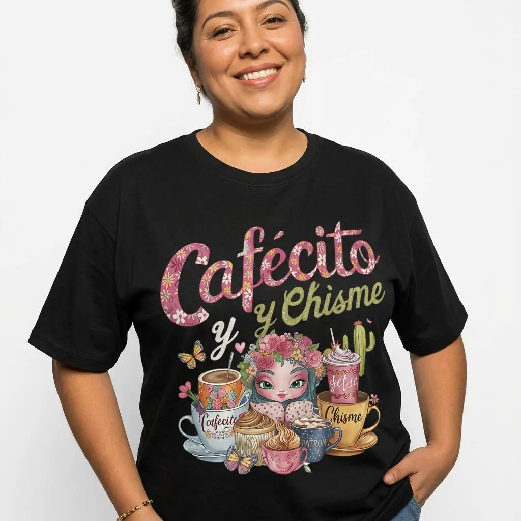 Latina Holiday Looks Feature Graphic Tee With Cafecito Y Chisme Spanglish Prints To Act As Summer Tops Women, T Shirts Women, Oversized Tshirt Women And Camisetas De Mujeres