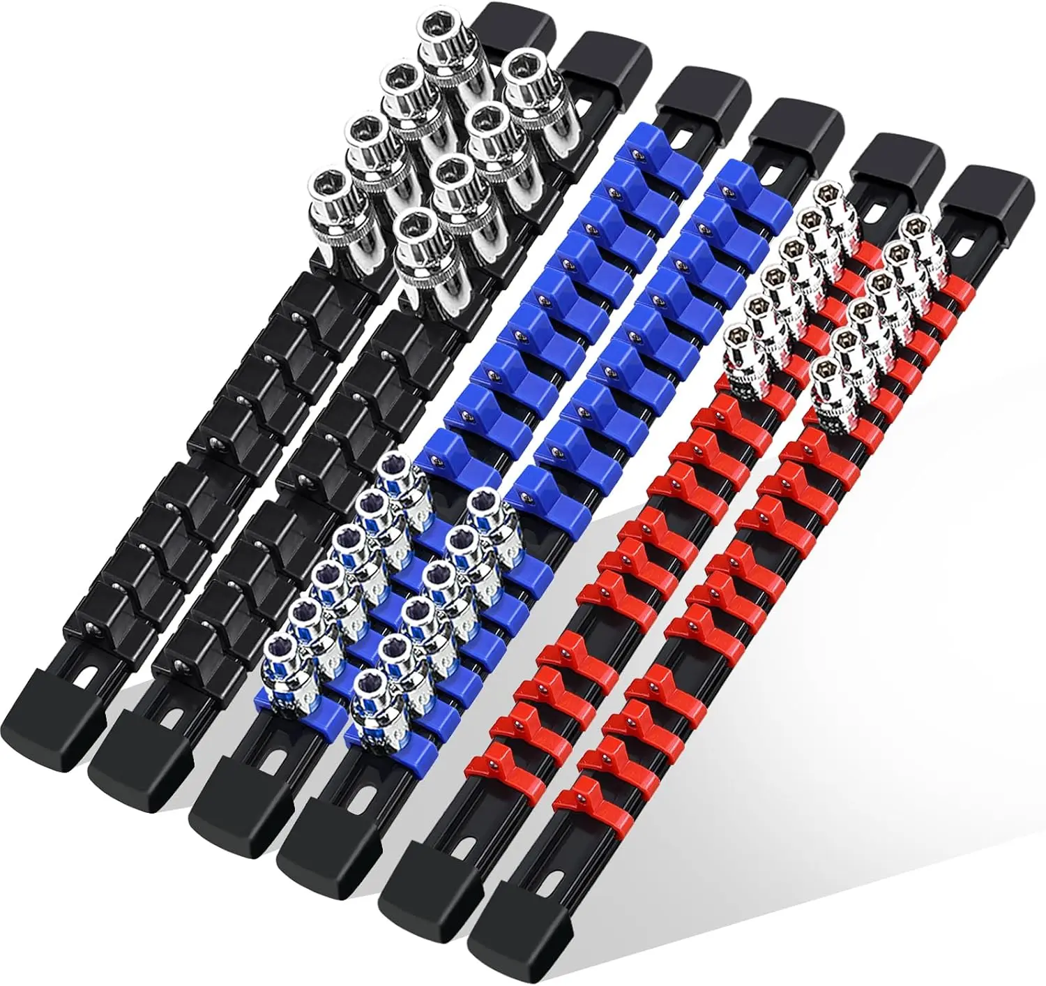 6 Pcs Socket Organizer Rail Set, Premium Socket Holder, Heavy-Duty Socket Rack Kit With 86 Clips 1/4-Inch x 32 Clips, 3/8-Inch x 30 Clips, 1/2-Inch x 24 Clips – Ideal for Tool Storage