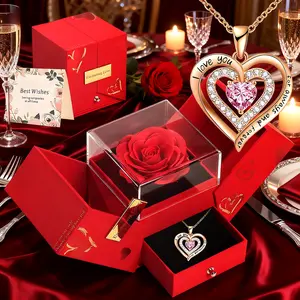 Mother's Day Rose Flower Gift Box with Necklace Set, Perfect for Mom, Wife, Lover, Friend, Valentine's Day Gift, Party Present, Love Heart Necklace, Heart Pendant Necklace