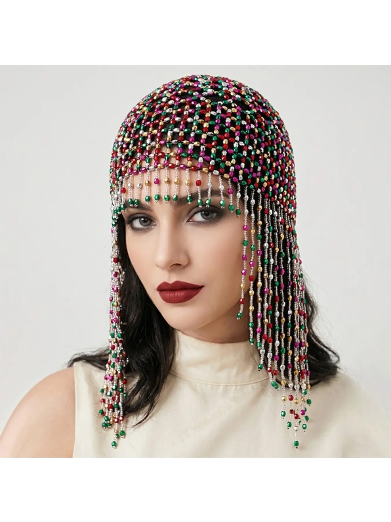 European and American retro beaded fringe hair chain handmade crochet mesh hair cap bridal gown lace embellished hairnet Bridal Accessory