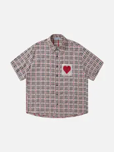AELFRIC EDEN Women's Loose Fit Cotton Plaid Short Sleeve Button Down Shirt with Heart Cut-Out Design Casual Tops