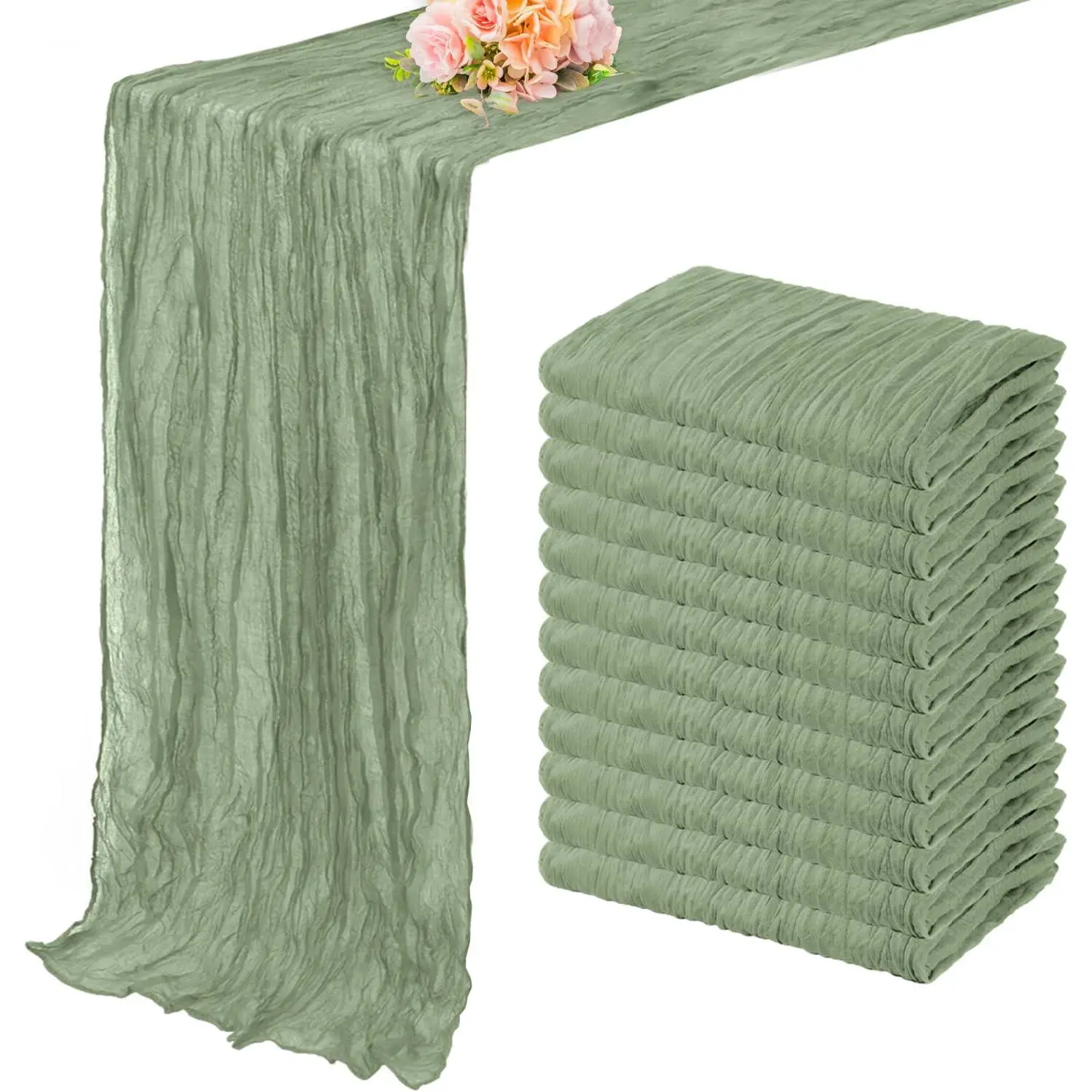 12 Pack Sage Green Cheesecloth Table Runner 10FT Rustic Gauze Fabric Cheese Cloth Table Runner for Wedding Bridal Baby Shower Table Decor 20 x 120 Inch Long Boho Sheer Birthday Party Table Decorations