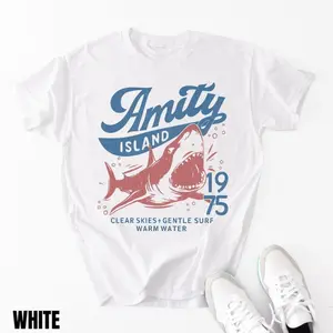 Unisex 100% Soft Cotton Crew Neck Short Sleeve Jaws Amity Island 1975 Vintage Graphic Tee Classic Retro Movie Inspired Top Ideal Gift For Horror Film Fans Casual Summer Beach Daily Streetwear Outfit