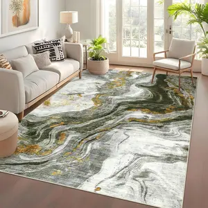 GARVEE Modern Washable Rugs 6x9 Neutral Abstract Throw Rugs, Non-Slip Abstract Accent Carpet with Marble Swirl Pattern, Stain-Resistant Low Pile Indoor Carpet Rug for Living Room, Bedroom, Green