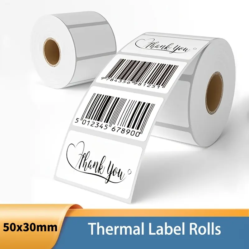 50x30mm white thermal transfer labels  230 labels per roll, strong adhesive, clear printing, no ink required. Perfect for barcodes, product labels, and inventory tags.