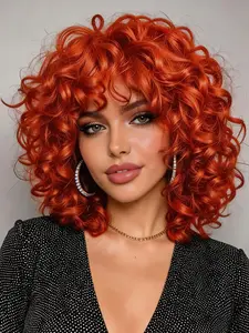 Ginger Curly Afro Wig with Bangs for Black & White Women Synthetic Hair Replacement Wig Fluffy Natural Soft for Daily Wear & Cosplay Synthetic Fiber Wigs