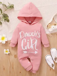 Baby Girl's Letter Print Long Sleeve Hooded Jumpsuit, Cozy Cute Casual One-piece Outfit for Newborn Infant Kids Spring & Fall Daily Wear, Baby Clothing, Babies Clothes