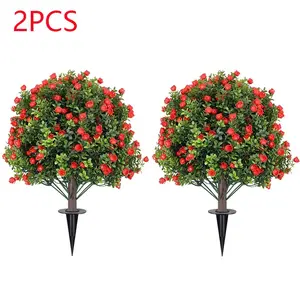 Two red realistic rose ball-shaped trees with ground anchors - 24-inch UV-resistant and fade-resistant evergreen shrub plants, Fake Blossom Plants, artificial shrubs, with lush red flowers and green leaves, suitable for indoor/outdoor gardens