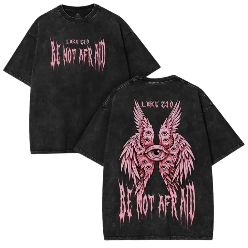 Men's Anime Menswear T-Shirt - Vintage Washed Oversized Graphic Tee "Be Not Afraid" Angel | Heavyweight Y2K Gothic Streetwear Unisex Cotton Top