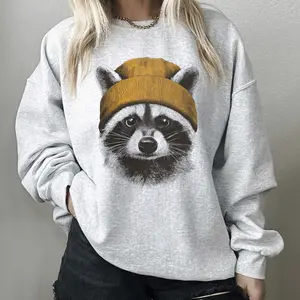 Women's Retro Printed Raccoon in Beanie Casual Round Neck Streetwear Pullover Sweatshirt, Unisex Tops #DICH