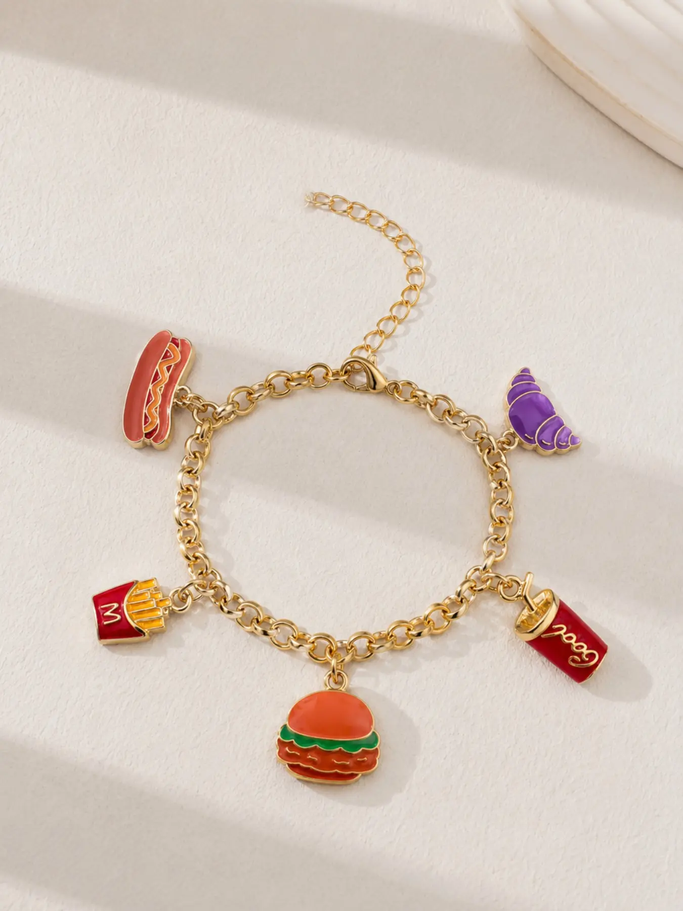 Cartoon Food Pendant Alloy Chain Bracelet, Burger French Fries Soda Hot Dog Charm, Women's Summer Jewelry, Y2K Fun Gift, Beach Party Accessory