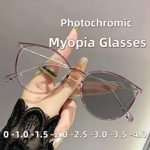 Unisex Round Frame Photochromic Myopia Glasses Trendy Anti-UV Near Sight Eyeglasses Fashion Minus Diopter Glasses for Women Men