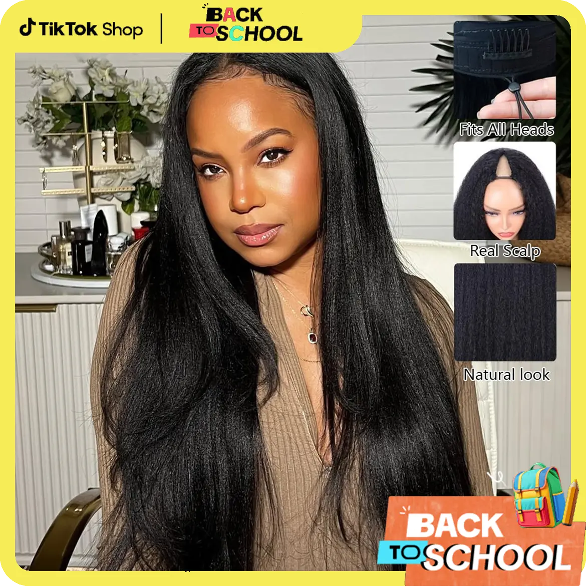 STERLY V Part Kinky Straight Human Hair Wig Yaki Straight Human Hair Wigs Upgrade U part Wig No Leave Out 12A Glueless Kinky Straight V Shape Clip in Half Wig No Glue No Sew Beginner Friendly 180% Density Wig #TikTokShopBackToSchool#SohoChic