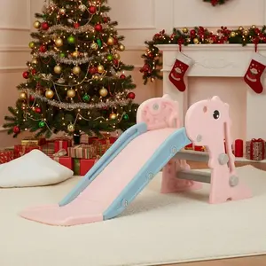 Kids Folding Slide Set, Dinosaur Pattern Toys, Indoor Outdoor Toddler Playground with Basketball Hoop, Ball, Pink