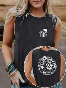 Women's Skeleton Print Crew Neck Tank Top, Casual Sleeveless Top for Daily Wear, Ladies Clothes for All Seasons, Workout Tank Top