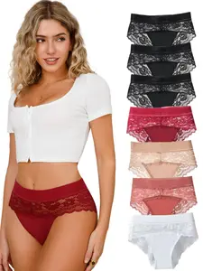 DORSU Lace Underwear Panty Lace Trim Multicolor Lace Briefs Panty High Waist Tangas Panty Elastic Waistband Full Coverage Stretchy Waistband Multipack Breathable Underwear Panty for Womens Seamless Soft