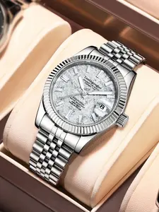 Men's Mechanical Watch with Meteorite Texture Dial, Diamond Marked Hands, Steel Band Design, Luxury Vintage Style, Classic Reenactment