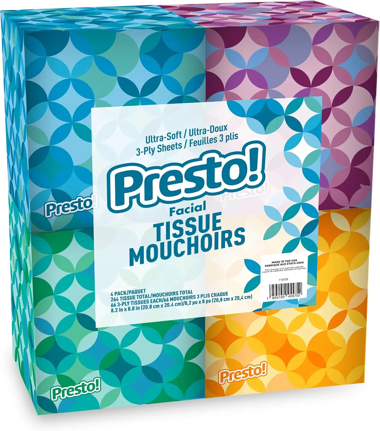 Presto! Ultra-Soft 3-Ply Premium Facial Tissues, 4 Cube Boxes (66 Count Each, 264 Total), Packaging May Vary