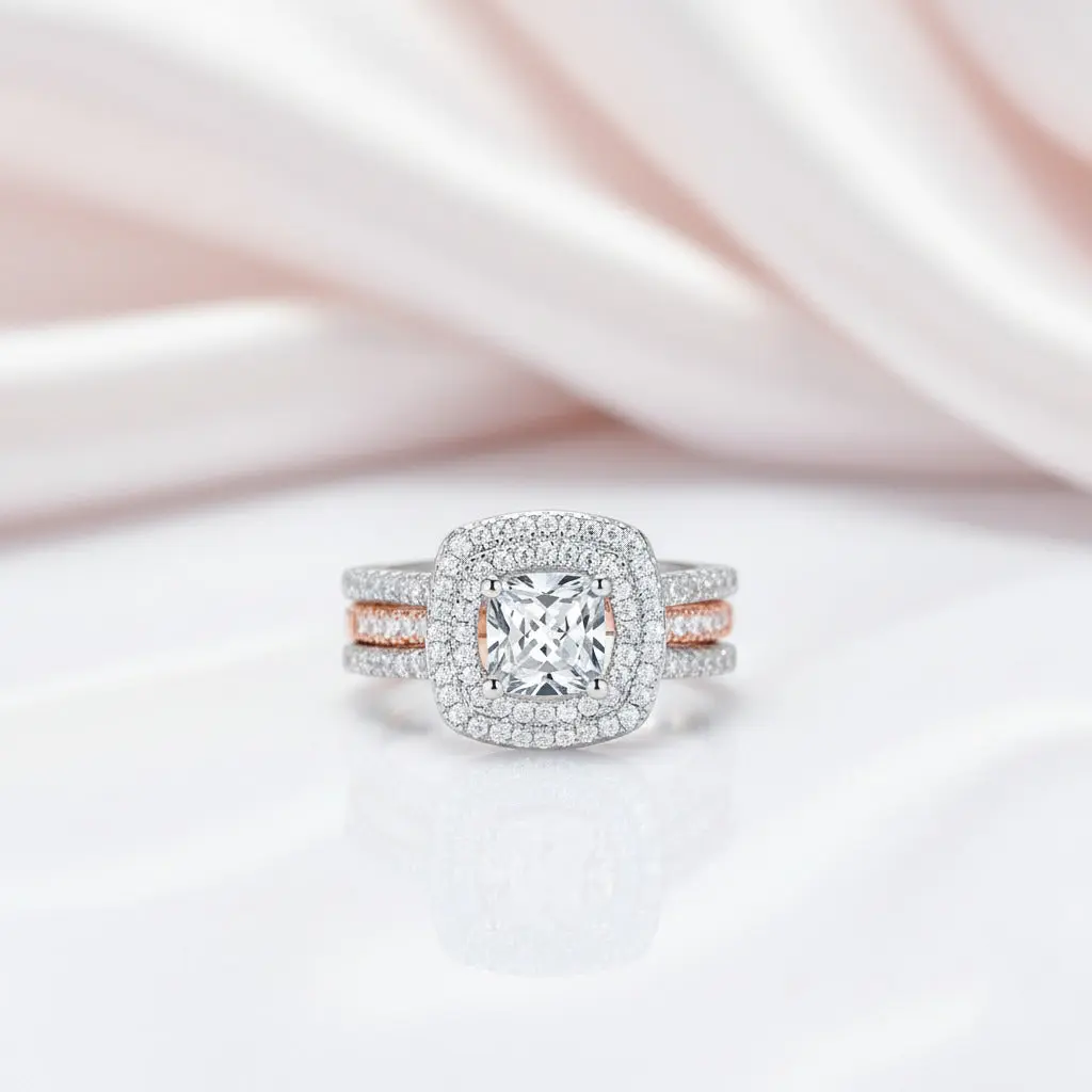 Cushion Cut Diamond Option Double Halo Two Tone Engagement Ring Set