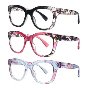 Oversized Style Reading Glasses for Women Blue Light Blocking Fashion Print Round Frames Spring Hinges for Computer Browsing